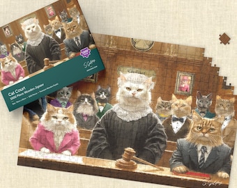 May include: A 1000-piece wooden jigsaw puzzle titled "Cat Court" featuring a courtroom scene with cats dressed in judge and lawyer attire. The puzzle box is visible, along with the partially assembled puzzle.