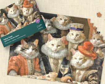 May include: A 1000-piece wooden jigsaw puzzle titled "Feline Feast." The puzzle features a whimsical image of cats dressed in Renaissance-era clothing, enjoying a feast. The puzzle box is green with white text. The puzzle measures 20 x 30 inches.