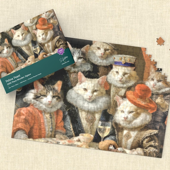 Feline Feast Cat Jigsaw Puzzle, 1000 Piece Wooden Puzzle, By S.Golding