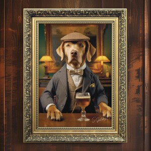 May include: A brown dog wearing a brown cap, a gray suit, a bow tie, and holding a glass of beer. The dog is sitting at a table in a dimly lit room. The image is framed in a gold ornate frame.