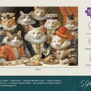 Cat-themed 1000-piece wooden jigsaw puzzle with Renaissance-style cats at a banquet, product information