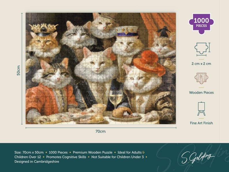 Cat-themed 1000-piece wooden jigsaw puzzle with Renaissance-style cats at a banquet, product information