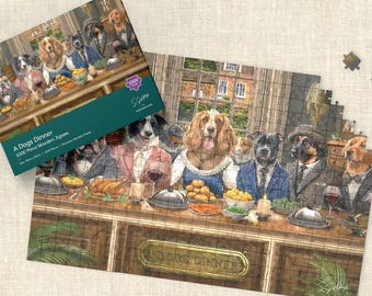May include: A 1000-piece jigsaw puzzle titled "A Dogs Dinner" featuring a detailed illustration of dogs dressed in formal attire at a dinner table. The puzzle box is visible, along with the partially assembled puzzle.