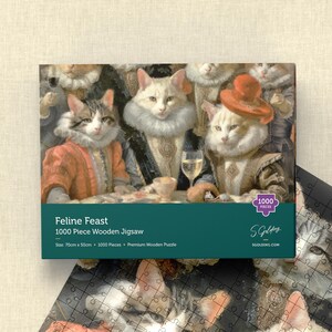 Cat-themed 1000-piece wooden jigsaw puzzle with Renaissance-style cats at a banquet, premium puzzle with box packaging by S.Golding