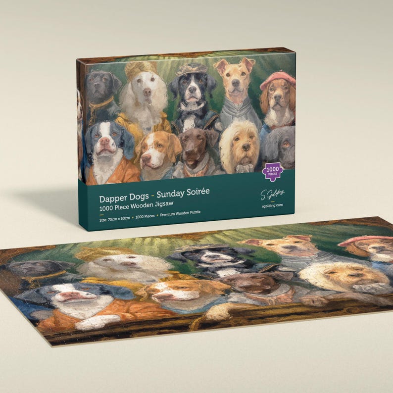 Dog-themed 1000-piece wooden jigsaw puzzle with dogs in vintage costumes at a Sunday soirée, premium puzzle with box, designed By S.Golding