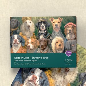1000-piece wooden jigsaw puzzle featuring dogs dressed in vintage aristocratic clothing at a social gathering, premium box shown. Jigsaw puzzle designed by S.Golding