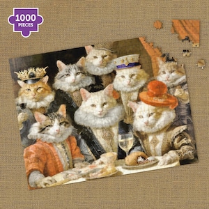 Premium 1000-piece wooden cat jigsaw puzzle featuring Renaissance banquet scene, gift-ready puzzle by S.Golding