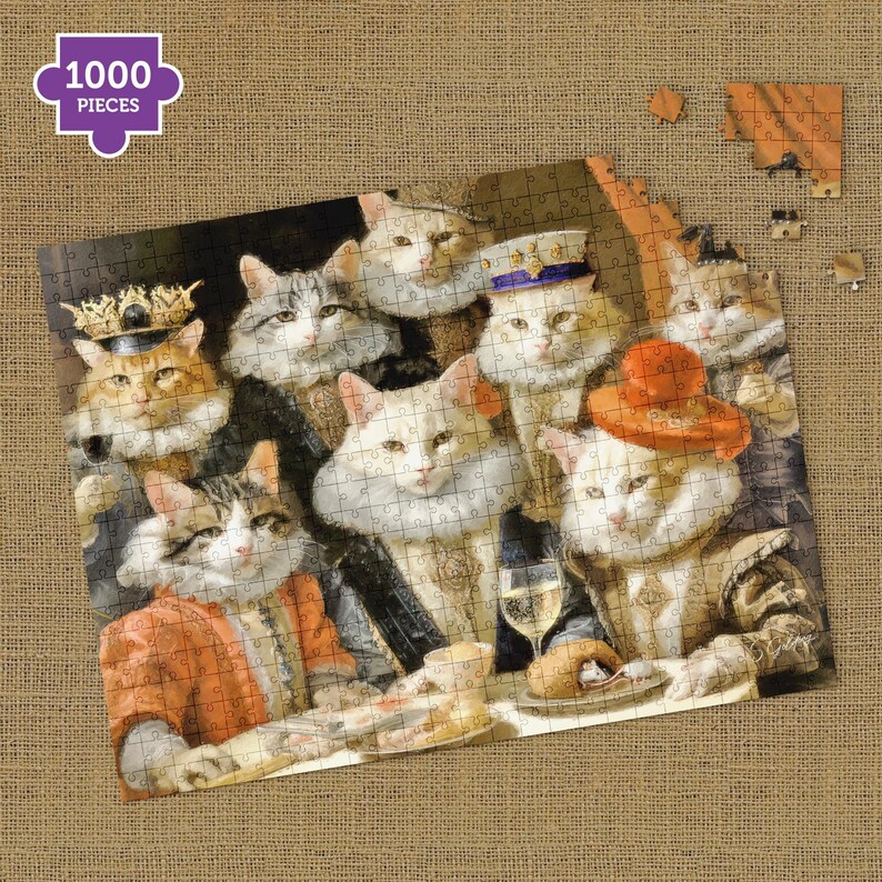 Premium 1000-piece wooden cat jigsaw puzzle featuring Renaissance banquet scene, gift-ready puzzle by S.Golding