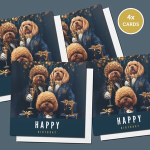 May include: Four greeting cards featuring a group of three dogs dressed in suits and holding champagne glasses. The dogs are in front of a dark blue background with gold accents. The text "Happy Birthday" is printed on the cards.