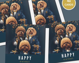 May include: Four greeting cards featuring a group of three dogs dressed in suits and holding champagne glasses. The dogs are in front of a dark blue background with gold accents. The text "Happy Birthday" is printed on the cards.
