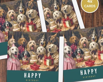 May include: Four greeting cards featuring a painting of dogs wearing party hats and celebrating a birthday with cake and presents. The cards have a teal green background with the text "Happy Birthday" in gold.