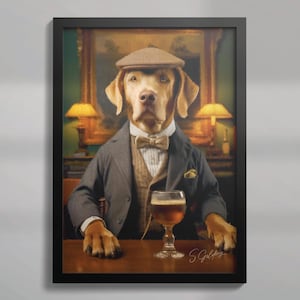 May include: A framed portrait of a dog dressed in a tweed cap, suit, and bow tie, holding a glass of beer. The dog is a light brown color, and the background features a vintage painting and lamps.