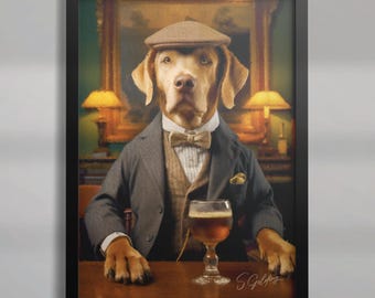 May include: A framed portrait of a dog dressed in a tweed cap, suit, and bow tie, holding a glass of beer. The dog is a light brown color, and the background features a vintage painting and lamps.