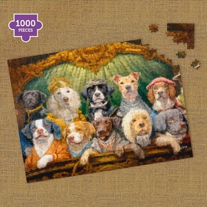 Dog-themed 1000-piece wooden jigsaw puzzle with dogs in vintage costumes completed jigsaw. Jigsaws made by S.Golding
