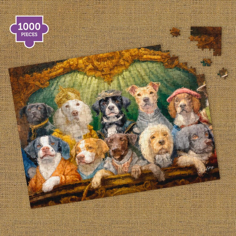 Dog-themed 1000-piece wooden jigsaw puzzle with dogs in vintage costumes completed jigsaw. Jigsaws made by S.Golding