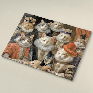 Cat-themed 1000-piece wooden jigsaw puzzle with Renaissance-style cats at a banquet by S.Golding