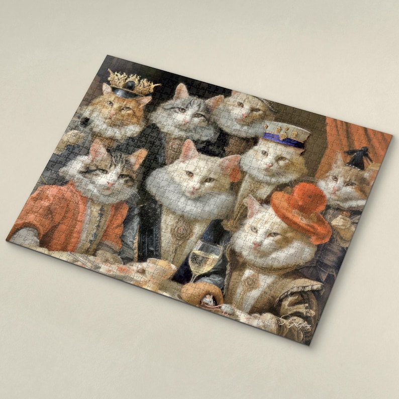 Cat-themed 1000-piece wooden jigsaw puzzle with Renaissance-style cats at a banquet by S.Golding