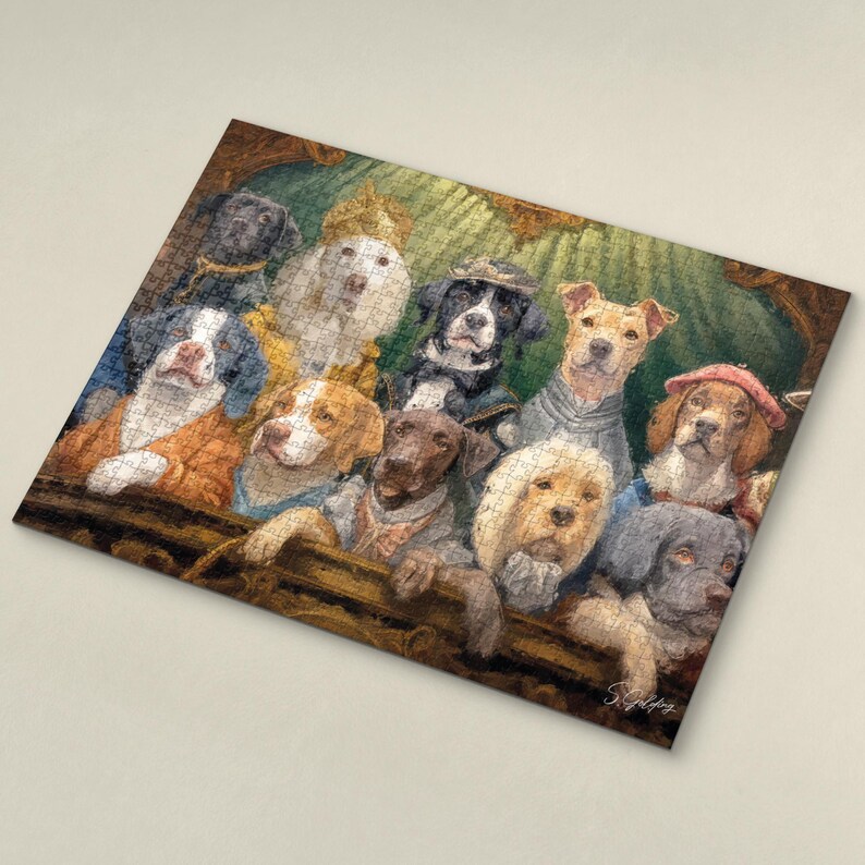 Premium 1000-piece wooden dog jigsaw puzzle featuring vintage dressed dogs, completed dog puzzle