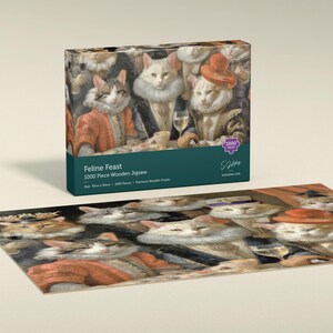 Renaissance cat feast 1000-piece wooden jigsaw puzzle with box and assembled image by S.Golding