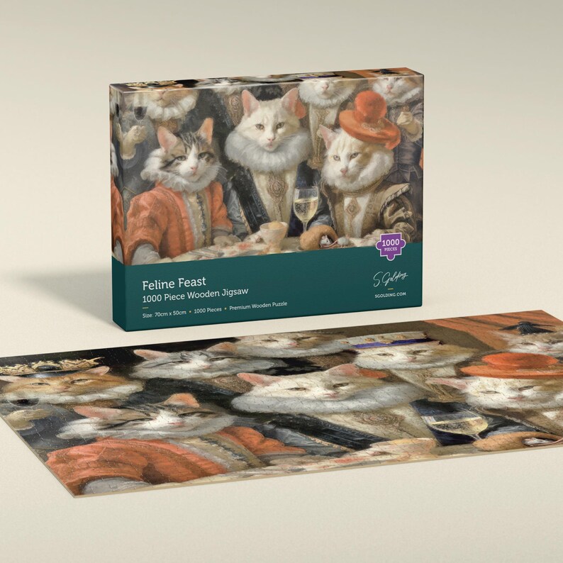 Renaissance cat feast 1000-piece wooden jigsaw puzzle with box and assembled image by S.Golding