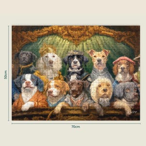 Dapper Dog wooden jigsaw puzzle showing dogs in historical outfits gathered together, showing the overall completed jigsaw dimensions