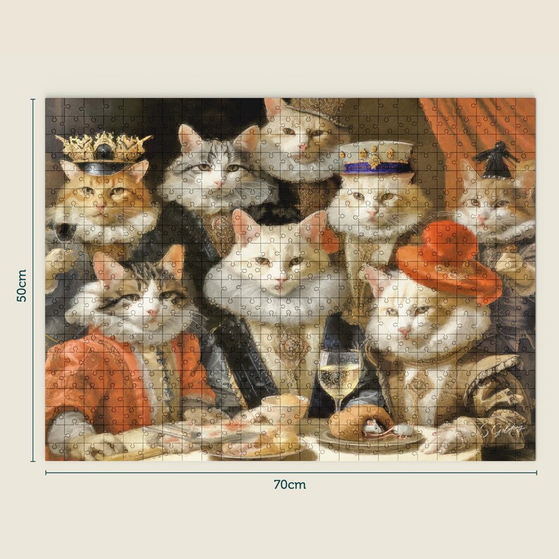 1000-piece wooden jigsaw puzzle featuring cats dressed as Renaissance nobles at a feast with jigsaw dimensions