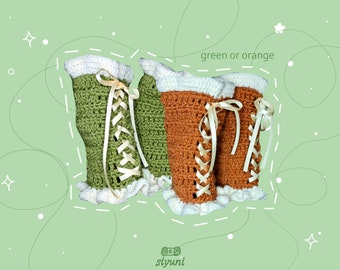 Crochet handmade leg warmers | Green/orange, crème white bow and border | Maeve