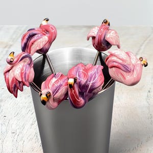 Flamingo Cocktail Picks: Polymer Clay Bar Accessories, Set of 6