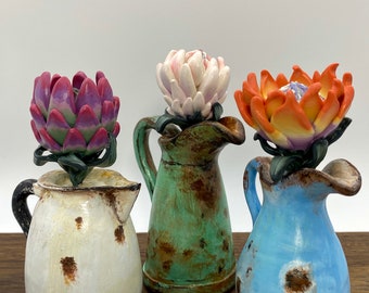 Protea flowers | Set of 3 Protea flowers | Desk ornament | Mini sculpture | Desk buddy | Protea art | Handmade flowers
