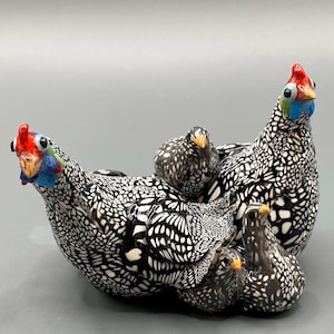 Handmade Guinea Fowl Family Sculpture: Polymer Clay Ornament
