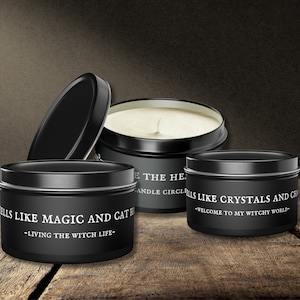Witch Candles with Funny Quotes, Pagan Altar Candles, Black Tin Candles for Witches, Witchcraft Scented Soy Candles, Magical Black Candles