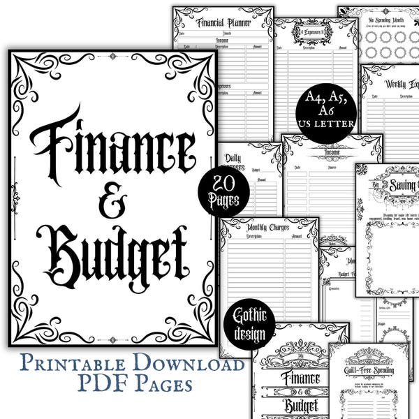 Gotische pagina's financiële planner Afdrukbare download Budgetplan Bill Tracker Spaarblad Expense Tracker Witchy Persoonlijke financiën Minimalistisch