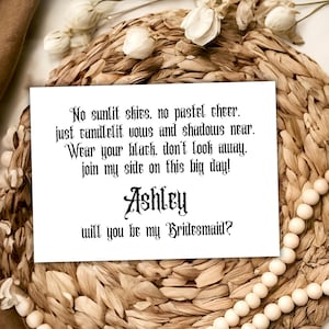 Cartão de proposta de madrinha gótica personalizada, casamento gótico preto, seja minha madrinha, cartão engraçado, casamento escuro, poema gótico pessoal para impressão, download