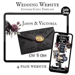 Könnte beinhalten: Digitales Hochzeitswebsite-Template, dargestellt auf einem Tablet und Smartphone. Das Design zeigt einen schwarzen Umschlag mit goldenem Siegel, Blumenschmuck und den Namen "Jason & Victoria". Der Text lautet "Wedding Website" und "Click to Open."