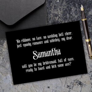 Cartão de proposta de madrinha gótica personalizada, casamento gótico preto, seja minha madrinha, cartão engraçado, casamento escuro, poema gótico pessoal para impressão, download