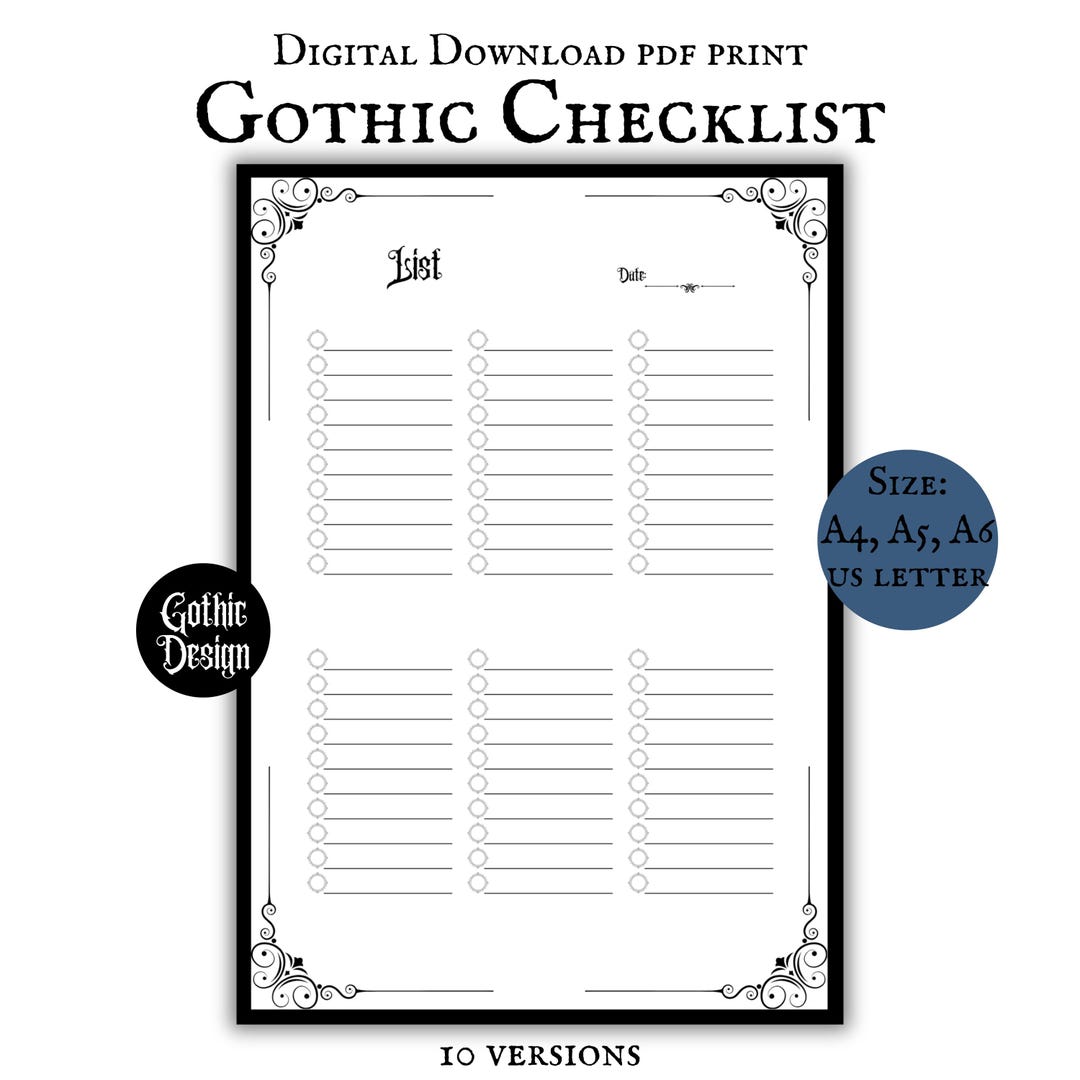 Gothic Checklist Planner Page Printable Download Minimalistic Goth Core ...