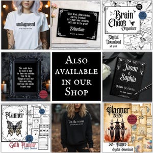 Puede incluir: Colecci&oacute;n de productos de tem&aacute;tica g&oacute;tica, que incluye una camiseta blanca con la palabra "undiagnosed", una invitaci&oacute;n negra, un "Brain Chaos Organizer", un poema enmarcado, un diario de bodas, un "Goth Planner" y una sudadera con capucha negra.