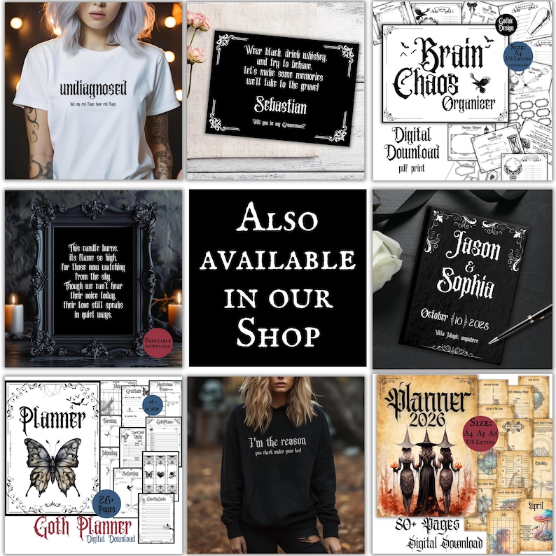 Puede incluir: Colecci&oacute;n de productos de tem&aacute;tica g&oacute;tica, que incluye una camiseta blanca con la palabra "undiagnosed", una invitaci&oacute;n negra, un "Brain Chaos Organizer", un poema enmarcado, un diario de bodas, un "Goth Planner" y una sudadera con capucha negra.