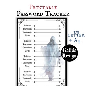May include: Printable password tracker with a gothic design featuring a ghostly figure. The tracker has sections for website, username, password, and notes.