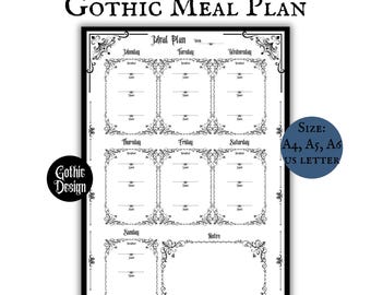 Gothic Meal Planner Page Printable Download Minimalistic Goth Core Planning Mental Health ADHD Food Journal Weekly Meal Tracker
