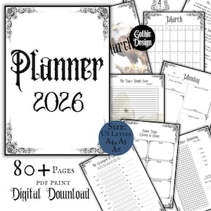 Gothic 2026 Planner Printable Download Pagan Calendar 2026 Journal Productivity Grimoire Pages Witchy Downloadable Monthly Weekly Daily Plan