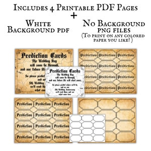 Peut inclure: Cartes de pr&eacute;dictions de mariage imprimables avec une esth&eacute;tique vintage. Les cartes pr&eacute;sentent un fond de parchemin vieilli avec du texte noir. Le texte comprend les expressions "Cartes de pr&eacute;dictions" et "Le jour du mariage sera bient&ocirc;t l&agrave;". Les cartes sont disponibles en deux formats&nbsp;: avec un fond blanc et sans fond.