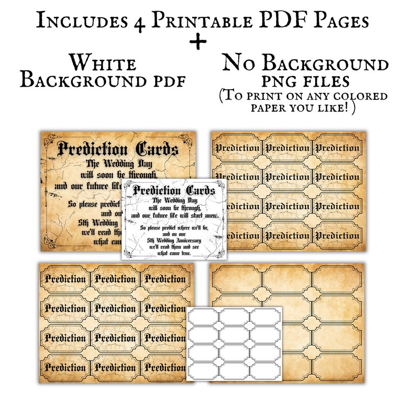 Peut inclure: Cartes de pr&eacute;dictions de mariage imprimables avec une esth&eacute;tique vintage. Les cartes pr&eacute;sentent un fond de parchemin vieilli avec du texte noir. Le texte comprend les expressions "Cartes de pr&eacute;dictions" et "Le jour du mariage sera bient&ocirc;t l&agrave;". Les cartes sont disponibles en deux formats&nbsp;: avec un fond blanc et sans fond.