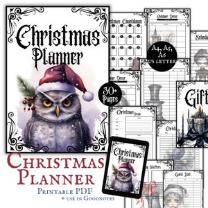 May include: A printable Christmas planner with an owl wearing a Santa hat on the cover. The planner includes 30+ pages with sections for gift lists, recipes, and more. The planner is available in A4, A5, A6, and US Letter sizes.