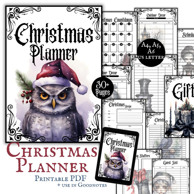 May include: A printable Christmas planner with an owl wearing a Santa hat on the cover. The planner includes 30+ pages with sections for gift lists, recipes, and more. The planner is available in A4, A5, A6, and US Letter sizes.