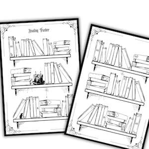 Puede incluir: Ilustraci&oacute;n en blanco y negro de un rastreador de lectura con estanter&iacute;as llenas de libros. La parte superior de la p&aacute;gina dice "Reading Tracker". Los estantes est&aacute;n decorados con esquinas ornamentadas y un dise&ntilde;o de telara&ntilde;a.