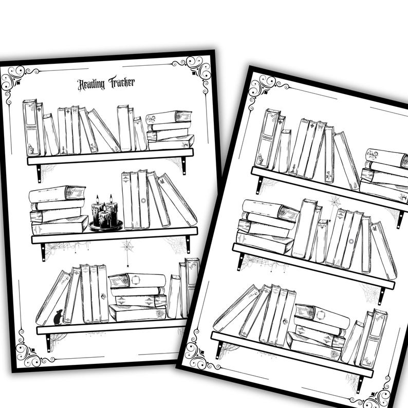 Puede incluir: Ilustraci&oacute;n en blanco y negro de un rastreador de lectura con estanter&iacute;as llenas de libros. La parte superior de la p&aacute;gina dice "Reading Tracker". Los estantes est&aacute;n decorados con esquinas ornamentadas y un dise&ntilde;o de telara&ntilde;a.