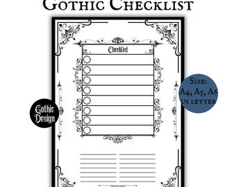 Gothic Checklist Planner Page Printable Download Minimalistic Goth Core Planning Grocery Lists ADHD To-Do List Task Tracker