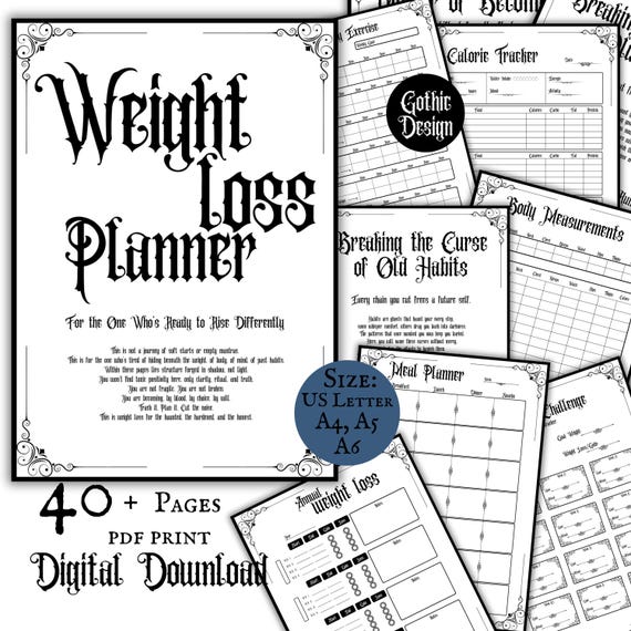 Gothic Weight Loss Planner Fitness Journal Meal Planner Minimalistic Weight Loss Tracker Workout Planner Printable Download Pages Gothic