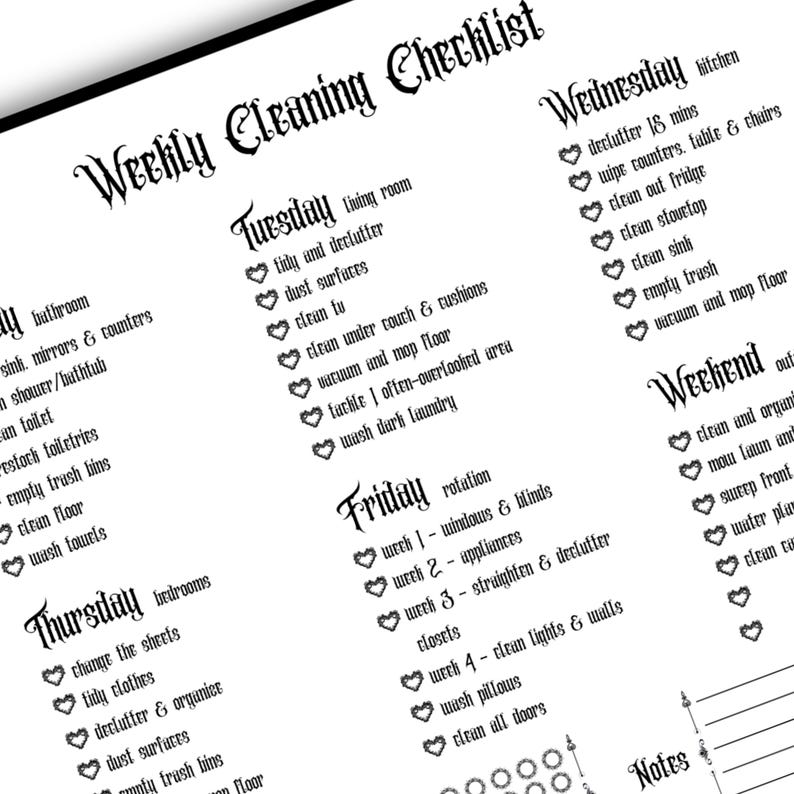 Gothic Cleaning Checklist Printable PDF Pages Daily Weekly Cleaning ...